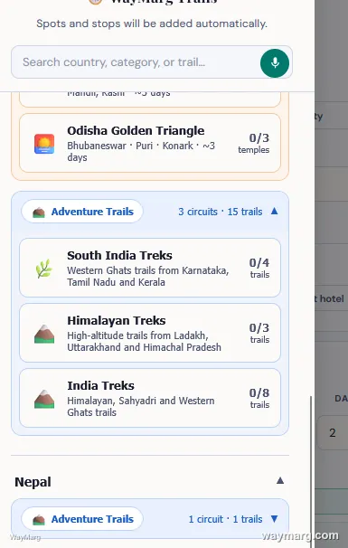 Adventure Trails category list for India showing South India Treks, Himalayan Treks, and India Treks with trail counts