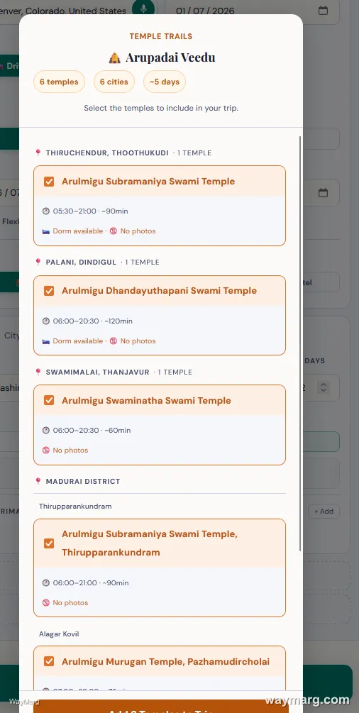 Arupadai Veedu temple checklist showing individual temples grouped by city with timings, duration, and dorm availability tags