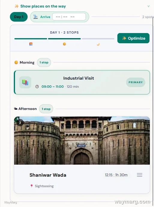 Day Plan showing Industrial Visit from 9:00 to 11:00 AM as the first stop, with Shaniwar Wada at 12:15 PM as the afternoon stop