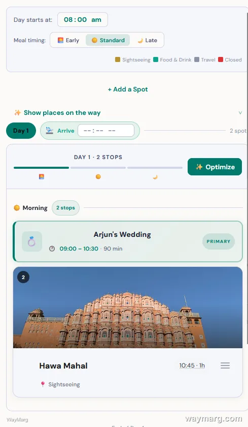 Day Plan view showing Arjun's Wedding from 9:00 to 10:30 AM as the first morning stop, with Hawa Mahal following at 10:45 AM