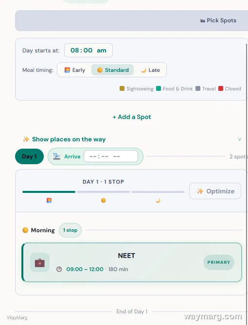 Day Plan view showing NEET from 9:00 to 12:00 as the only morning stop, tagged Primary