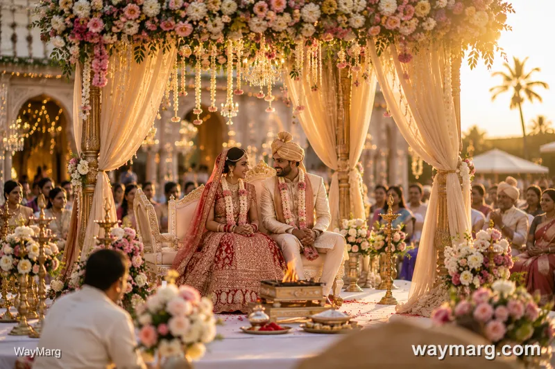 Destination wedding ceremony under a floral mandap at sunset