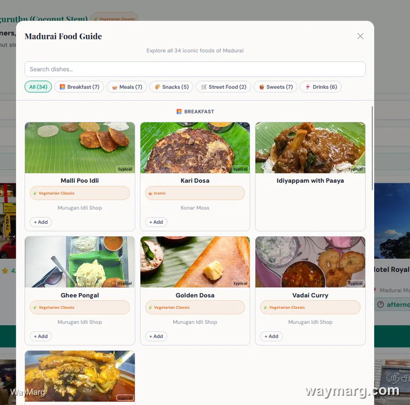 Full Madurai Food Guide modal showing Breakfast category dishes