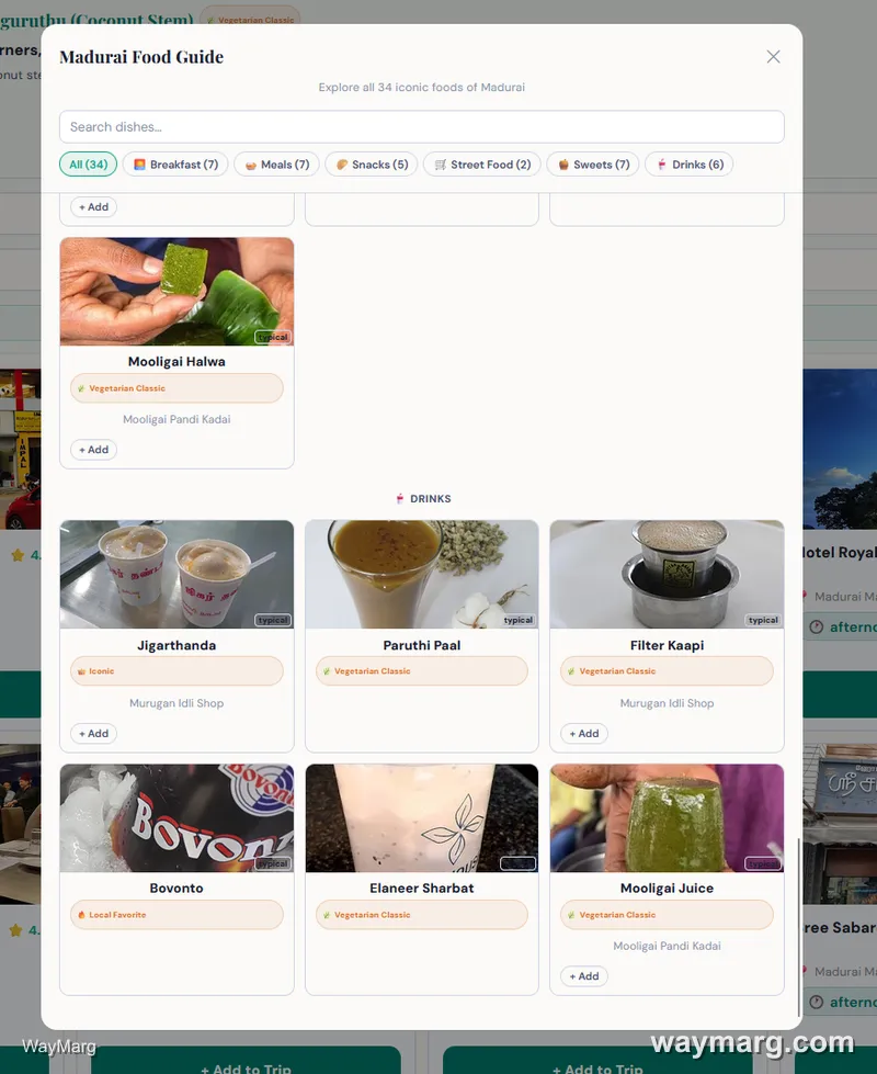 Full Madurai Food Guide modal showing Drinks category dishes