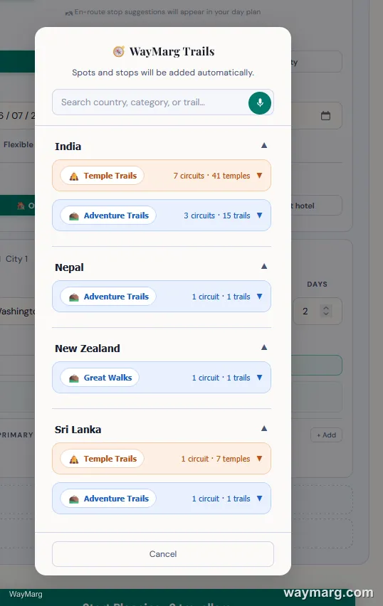 India and Sri Lanka expanded showing Temple Trails and Adventure Trails categories with circuit and temple counts