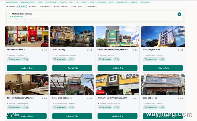 Madurai Food and Drink results grid below the Food Journey card, showing restaurants and hotels with ratings