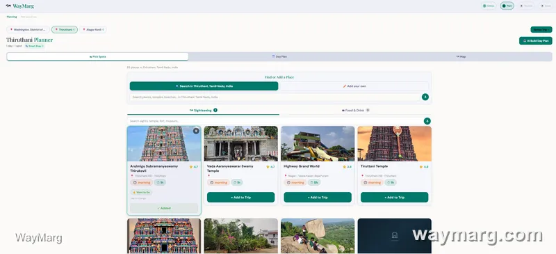 Pick Spots screen showing multi-city trip chips at the top for Washington, Thiruthani, and Alagar Kovil