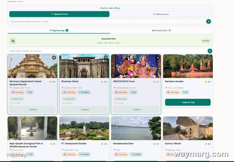 Pick Spots screen showing the Industrial Visit anchor above Pune sightseeing results including Shrimant Dagdusheth Halwai Ganpati Mandir, Shaniwar Wada, and ISKCON NVCC Pune