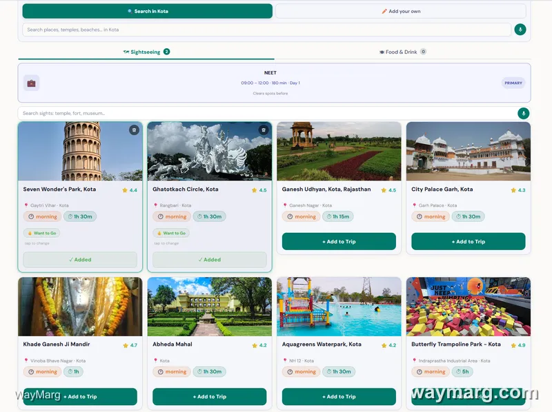 Pick Spots screen showing the NEET anchor as a Primary spot above Kota sightseeing results including Seven Wonder's Park, Ghatotkach Circle, City Palace Garh, and Abheda Mahal