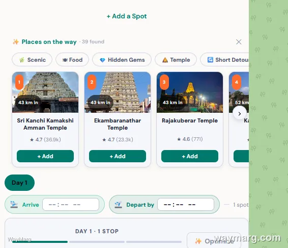 Places on the way panel showing 39 found stops, filter chips for Scenic, Food, Hidden Gems, Temple, Short Detour, and stop cards with distance-in and Add buttons