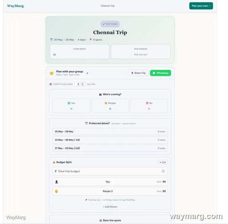 Public shared trip page showing Chennai Trip, a Plan your own CTA, Trip Done badge, and a Plan with your group panel with locked date voting