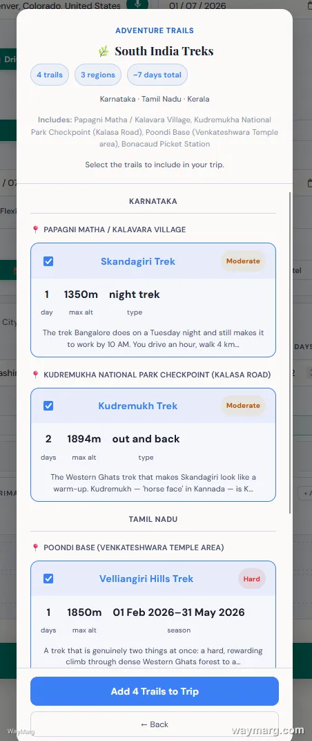 South India Treks drilled into showing Skandagiri Trek, Kudremukh Trek, and Velliangiri Hills Trek with difficulty, altitude, and trek type