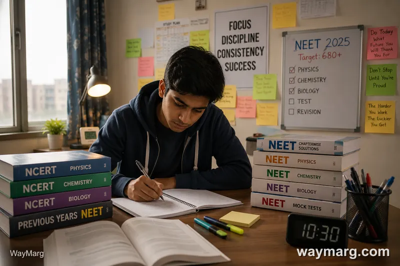 Student studying for NEET exam at a desk covered in textbooks and notes