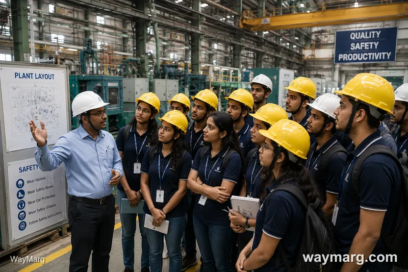 Students in hard hats on an industrial visit factory tour, with quality and safety signage visible