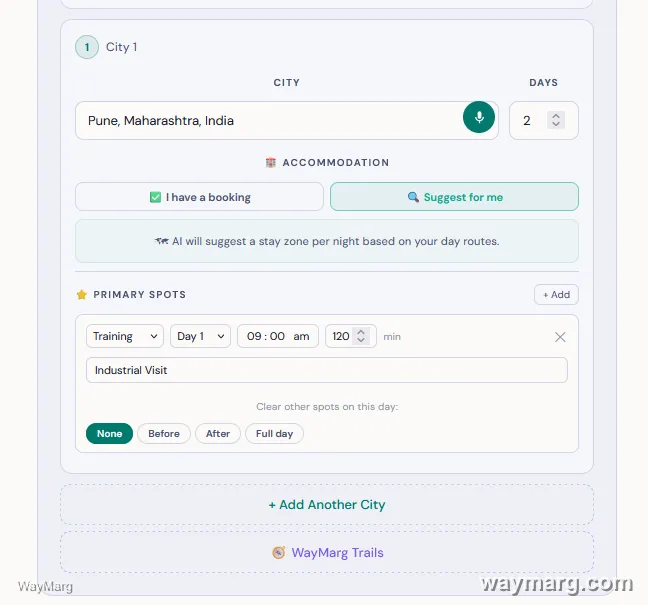 WayMarg Primary Spots panel showing Training category selected, labeled Industrial Visit, Day 1, 9:00 AM, 120 minutes, in a Pune trip
