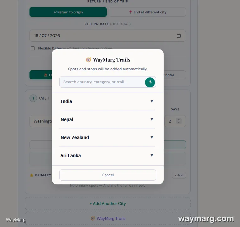 WayMarg Trails modal showing a country list: India, Nepal, New Zealand, Sri Lanka