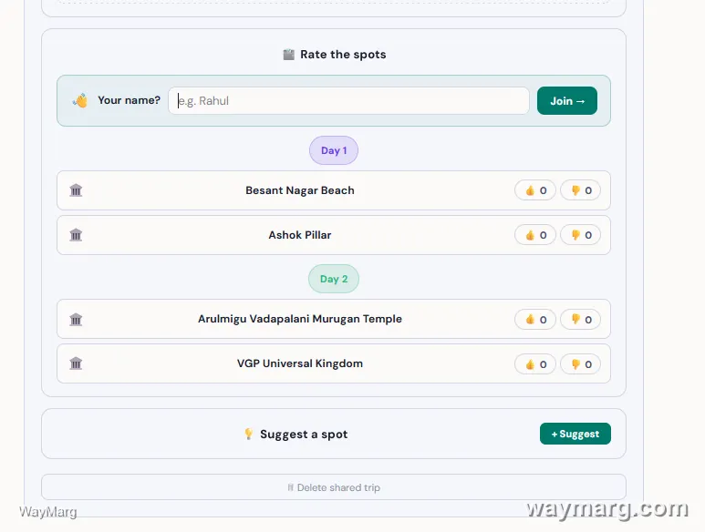 Your name field with a Join button, sitting above a Rate the Spots list grouped by day